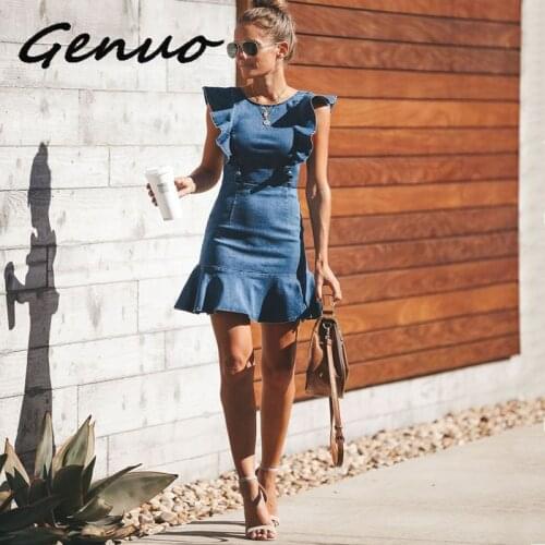 Genuo New Ruffles Jeans Dress Empire Vintage Women Summer Dress Sexy Ladies Denim Mini Party Dresses Vestidos
