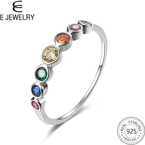 E HOT SALE Authentic 925 Sterling Silver Rainbow Finger Ring for Women Color CZ Stackable Rings gemstone Wedding Jewelry Gift