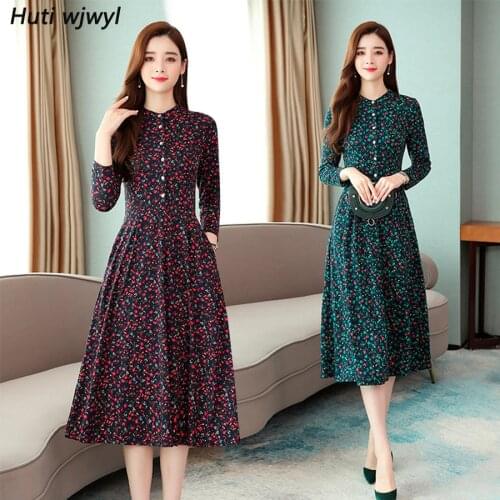 2021 Vintage Female Floral Midi Dress Autumn Winter New 4XL Plus Size Print Long Sleeve Maxi Dress Elegant Women Party Vestidos