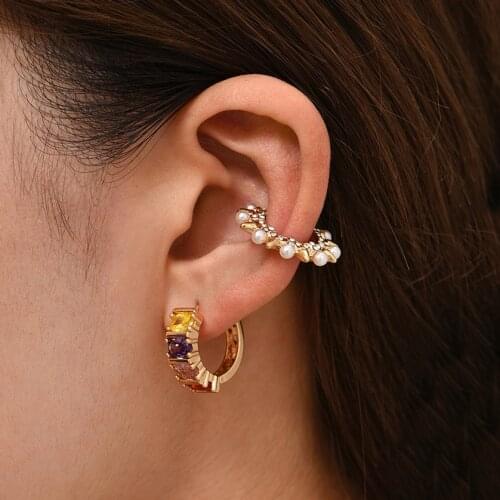 3pcs Rainbow Geometric Crystal Stone Small Hoop Earrings Punk Gold Color Rivet Ear Cuff Set for Women Girls Luxury Jewelry 2021