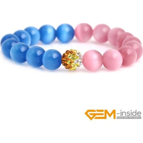 Bracelet Size 10mm Pink&Blue/Red&Blue Cat Eye Round Shape Beaded Stretch Fashion Women Girl Bracelet 7" Wholesale GEM-inside