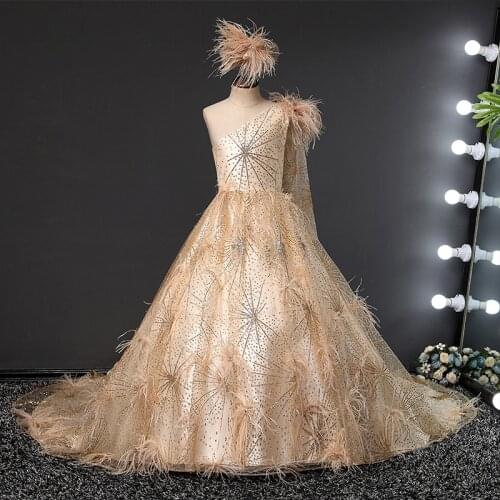 Flower Girl Dresses Illusion Full Tulle Lace Sequined Beading One Shoulder Princess Floor-Length Champagne Kids Party Gown H571