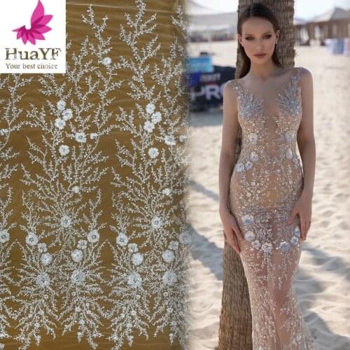 Hot SaleFrench Net Lace Fabric with beads bridal lace fabric for party dress