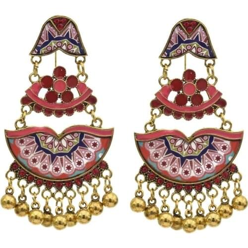 Indian Jhumka heart flower Earrings Gypsy Afghan Jewelry Retro Ethnic Antique Beads Drop Tassel Earrings for Women Bohemian Gift