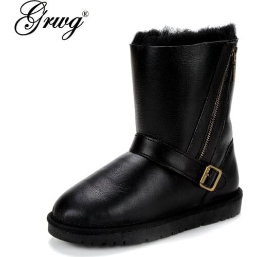 GRWG Hot Sale Fashion Genuine Sheepskin Leather Snow Boots Natural Fur Winter Boots Waterproof Warm Thick Wool Boots Women