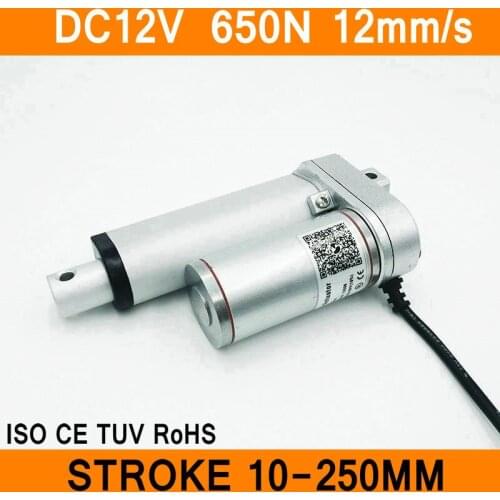 Linear Actuator 12V DC Motor 650N 12mm/s Stroke 10-250mm Linear Motion Controller IP54 Aluminum Alloy Waterproof CE RoHS ISO