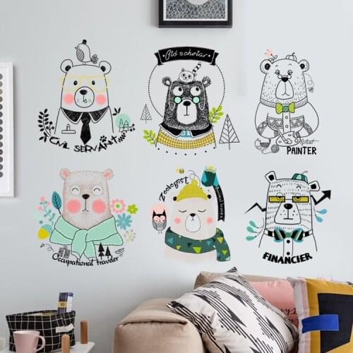 Cartoon Animals Wall Stickers for Kids Room Nursery Baby Bedroom Wall Decoration Aesthetic Cute Bear Decals PVC Vinyl Wallpaper