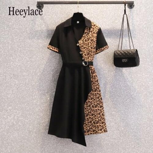 Plus size office ladies leopard print patchwork irregular midi dresses Summer elegant short sleeve high waist A-line vestidos