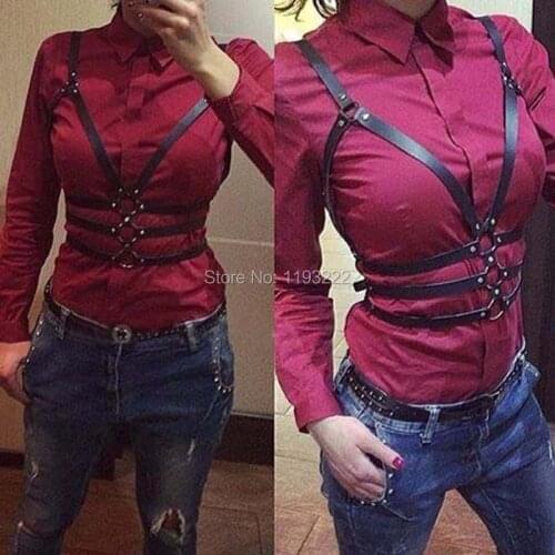 Men Women Unisex Handcrafted Body Leather Women Harness Chest Bra Underbust 3 Row Wais Belt Straps