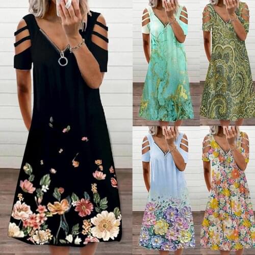 Printed Short-sleeved Dress Flowers Zipper Women Summer 2021 Comfortable V-neck Casual Elegant Retro Plus Size Hollow