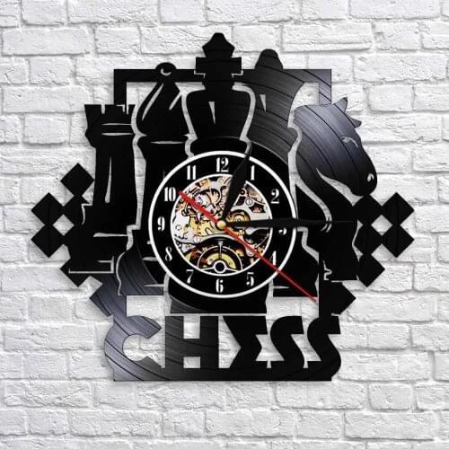 Chess Game Wall Clock Chessboard Black Pieces Strategy Player Club Chess Master Vinyl Record Wall Clock Chess Lovers Gift klok