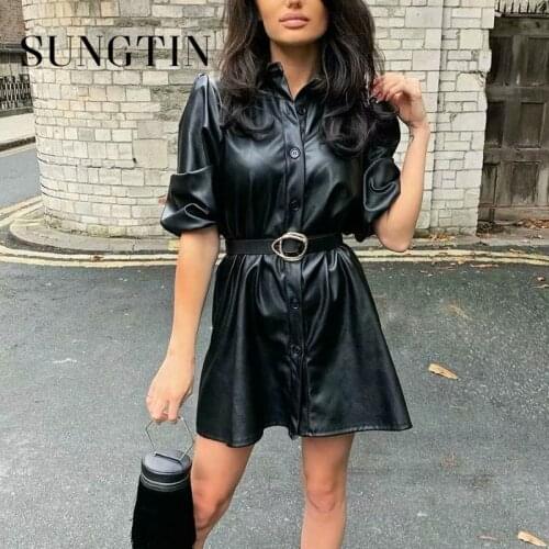 Sungtin Faux Leather Long Shirt Dress Spring Autumn Casual Black Dress Ladies Turn-down Collar Vintage PU Leather Dresses