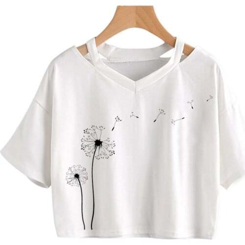 Wildflower Dandelion Print Women tshirt Summer Short sleeve Loose tops All-match Crop tops V-neck Sexy Gothic Tee Harajuku Top