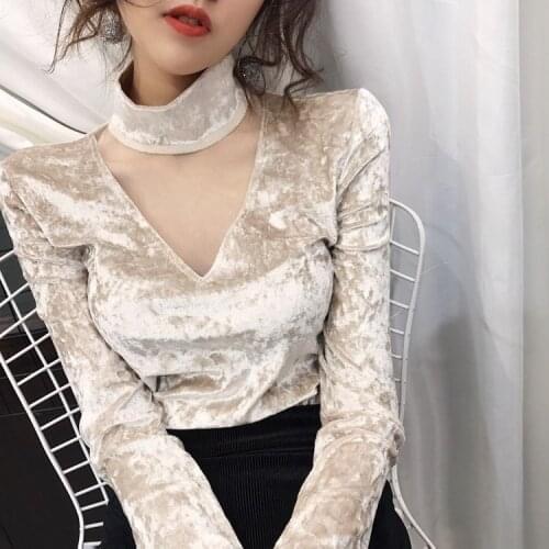 Blouse Women Hollow Mesh Stitching Velvet Shirts Long Sleeve Halter Top Blusas Ropa De Mujer