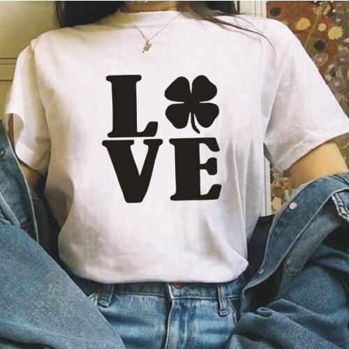 Womens T-Shirt Casual Harajuku Cotton Short Sleeve Summer Letter Love Shamrock Print Tee Shirt Femme Plus Size 0-Neck T-Shirts