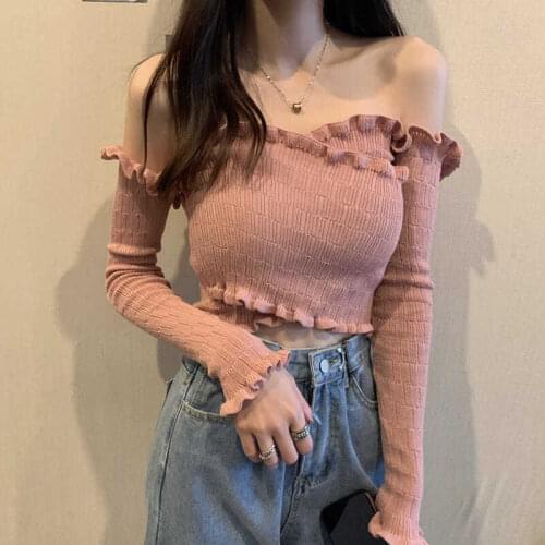 Knitted Sexy Off Shoulder Top Blouse Women Long Sleeve Ruffles Evening Party Club Cropped Tee Shirt Cross Skinny tube Tops