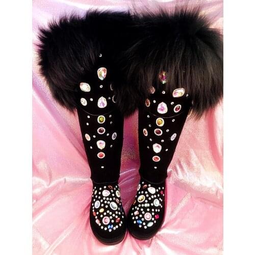 OLOMLB Womens Fur Lining Real Fox Fur Trim Suede Leather Over The Knee High Boots Rainbow Diamond Thick Shoes Winter Snow Warm