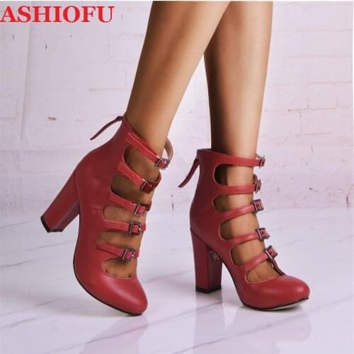 ASHIOFU Handmade Real Photos Womens Chunky Heels Pumps Five-buckles Straps Party Dress Shoes Hot Sale Evening Fashion Pumps