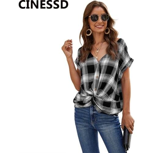 CINESSD V Neck Plaid Casual Tops Women Blouses Black 2020 Short Sleeves Button Casual Pullover Red Patchwork Tunic Thin Blouses