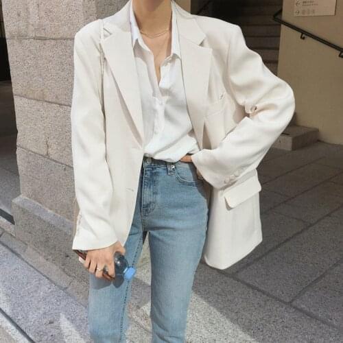 Women Autumn Elegant Casual White Black Blazer Oversize Korean Loose Vintage Jacket Cardigan Office Pockets Daily Formal Suit