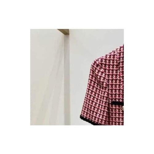 2021 Spring Summer New Women Dress Woven Tweed Lapel Single-breasted Short Sleeve Dress with Contrast Pockets