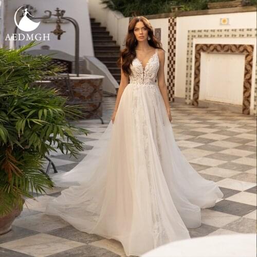Aedmgh beach Tulle Wedding Dresses 2021 V- Neck Sleeveless Vestido De Novia A-Line Court Train Appliques Boho Bridal Gowns