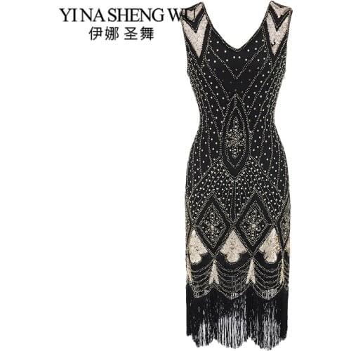 1920s Great Gatsby Flapper Dresses Vintage Sequin Bead Fringe V-neck Party Dress Women Fashion Sleeveless Banquet Dance Clothing