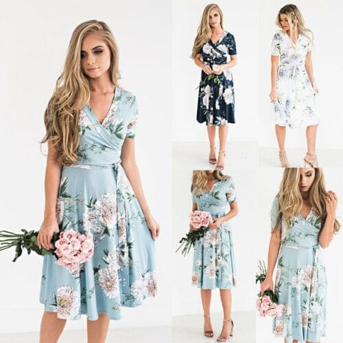 2019 Womens Boho Chiffon Midi Casual Printed Dresses Evening Party Beach Dress Floral Sundress