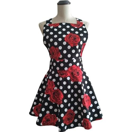 Bodecin White Polka Dot Red Rose Black Retro Kitchen Apron Woman Cotton Cooking Avental de Cozinha Pinafore Apron Dress Vintage