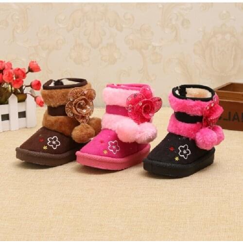 Baby Girls Boots Winter Fur Warm Toddler Kids Boots For Girls Cute With Ball Little Girls Snow Ankle Boots With Flower