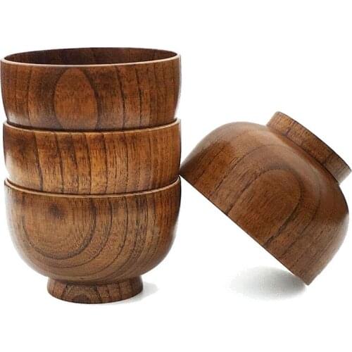 4 Pcs Wood Bowls Serving Tableware For Rice, Soup, Dip, Coffee, Tea, Decoration Wooden Salad Bowl Kitchen Cutlery Set