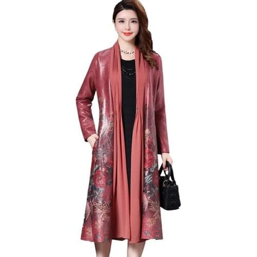Womens Plus Size Printed Cardigan 2021 Spring And Autumn New Windbreaker Jacket Mid-Length Scarf Collar Coat Female Shawl A79