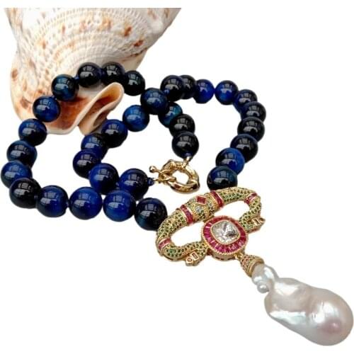 KKGEM Cubic Zirconia Pave White Keshi Pearl Pendant 19" 12MM Blue Round Tiger Eye Necklace