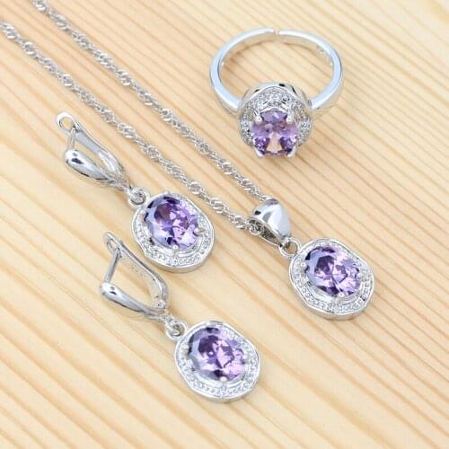925 Sterling Silver Ring Earrings Pendant Chain Egg Jewelry Set Purple Cubic Zirconia Elegant Jewelry Accessories for Women