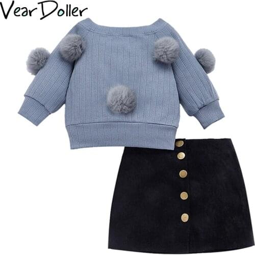 VearDoller Girls Clothing Set Winter New Arrival Long Sleeve Top + Single Breasted 2pcs Suit Fluffy Ball Decorate Childrens Set
