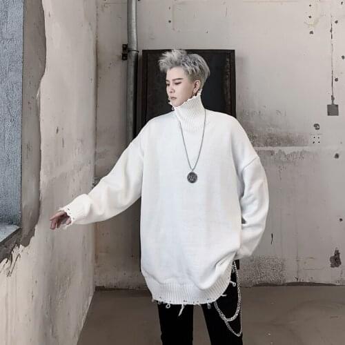 Men Turtleneck Hole Loose Solid Knitted Pullover Sweater Autumn Winter Male Women Street Hip Hop Punk Gothic Sweater