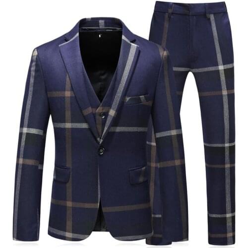 Mens Suits Blue Plaid 3 Piece Tuxedo Slim Fit Windowpane Tux for Wedding Groom Prom Party Formal suit meeting Office Clothing