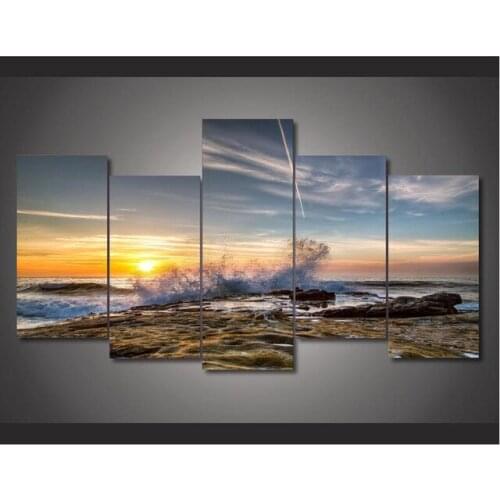 New 5 Piece canvas art Sunset Seaside Sea Water Waves Print Canvas Painting Wall Art Decoration For home free shipping\c-601