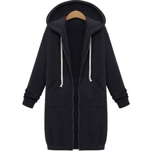 Solid Color Pocket Long Sleeve Zipper Drawstring Midi Hoodies Women Casual Streetwear Plus Size Fashion Simplicity Coat Tops