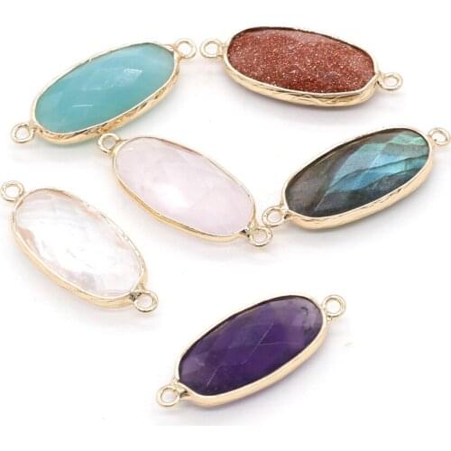 Faceted Natural Stone Oval Shape Rose Quartzz Tiger Eyes Pendant Double Hole Connector DIY for Necklace or Jewelry Making