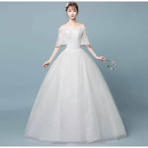 Sequins Boat Neck Wedding Dress New Empire Half Sleeves Floor-Length Simple Elegant Pleat Plus Size Wedding Gowns For Women G236