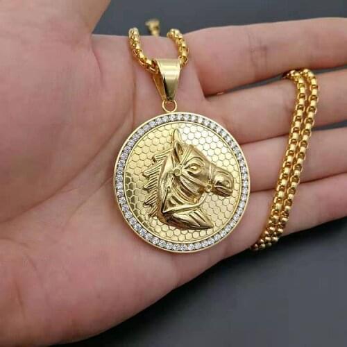 Hiphop Horse Head Pendants & Necklaces with zircon round 316L Stainless Steel Mens Fashion Long Link Chain Gold Color Jewelry