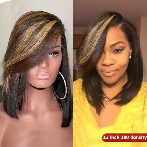 Remy Highlight Ombre Honey blonde Short Bob Transparent Lace Front Human Hair Wig For Woman With Baby Hair Natural Hairline Soft