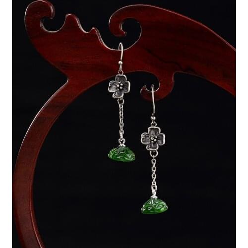 Real 925 Sterling Creative Natural Jade Handmade Flower Lotus Stone Drop Earrings Asymmetric Earrings