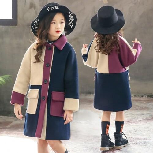 Girls Woolen Coat 2018 New Winter Children Woolen Windbreaker Girls Fashion Outwear Girls Coat Jacket Warm Patchwork Jacket