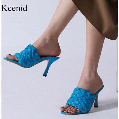 Kcenid New Arrival Summer Women Slides Open Toe Weave High Heel Slippers Trendy Design Outdoor Slippers Sandals Women Blue Black