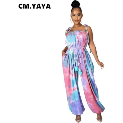 CM.YAYA Women Jumpsuit Print Sleeveless Strap Slash Neck Loose Straight Jumpsuits Bandage Sashes Sexy Fashion Outfit Summer 2021
