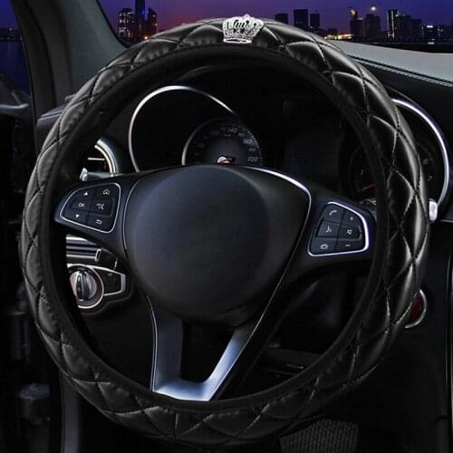 Universal 37-38cm Anti Slip Car Steering Wheel Cover Diamond-studded Crown Soft PU Leather Auto Steering Wheel Cover Car styling