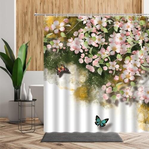 Spring Pink Flower Printing Shower Curtain Butterfly Floral Bathroom Bath Decor Waterproof Fabric With Hook Europe Style Curtain