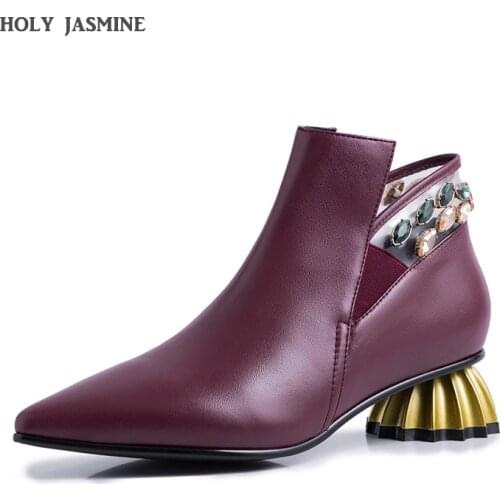 2020 Winter Womens Genuine Leather Shoes Pointed Toe Special-shaped Heels Classics Elegant Ladies Boots fashion ankle Boots